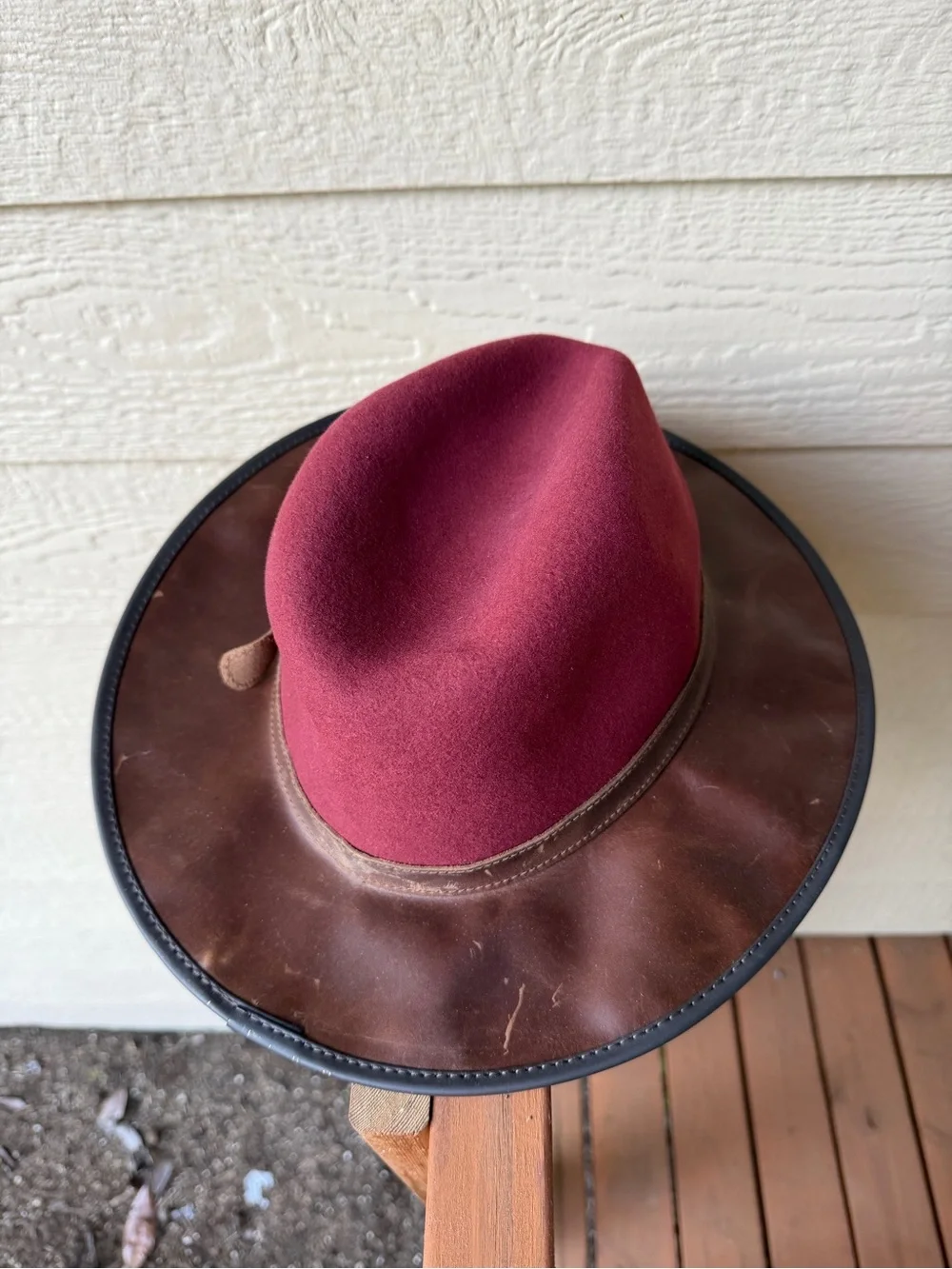 Burgundy Felt Fedora with Brown Leather Brim